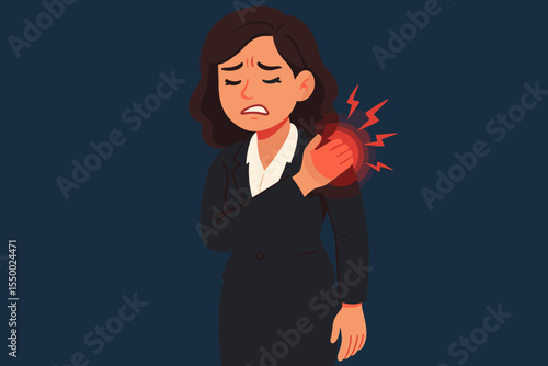 Businesswoman in suit suffering from severe shoulder pain, hand touching red inflamed area, concept of office worker injury, muscle ache, stress, occupational health problem, vector illustration