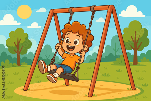 Happy Child on Playground Swing Set in Sunny Park, Vector Cartoon. Smiling Kid Playing Outdoors, Summer Day, Fun Activity, Nature Landscape, Joyful Childhood Scene, Recreation Illustration
