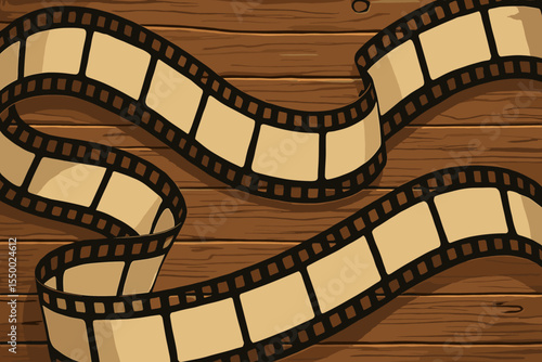 Vintage movie film strip on rustic wooden background. Retro cinema reel, classic filmstrip, nostalgic analog photography concept. Cartoon vector illustration for movie night, filmmaking design