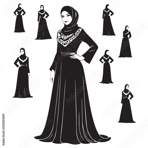 Elegant muslim women in black abayas and hijabs posed in various positions