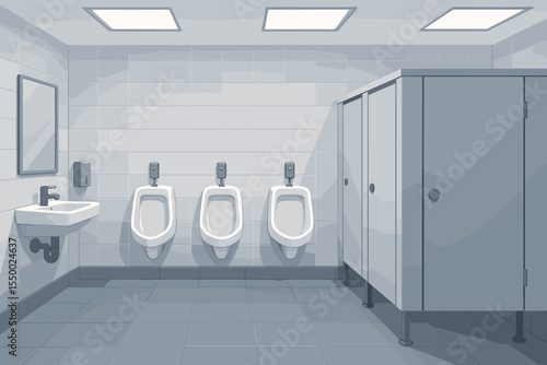 Modern clean public men’s restroom interior vector. Minimalist bathroom design with urinals, sinks, stalls, tiled walls, hygiene facilities. Empty commercial lavatory cartoon illustration