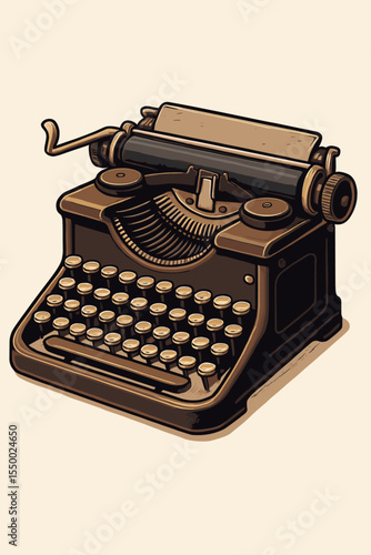 Classic vintage typewriter with antique mechanical keys, retro writing instrument. Nostalgic office machine, historical keyboard, old-fashioned typewriting device. Vector cartoon illustration