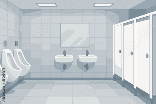 Modern public men's restroom interior. Clean tiled bathroom. Minimalist design. Empty stalls, urinals, sinks, mirror. Hygiene facility. Commercial bathroom concept. Vector cartoon illustration