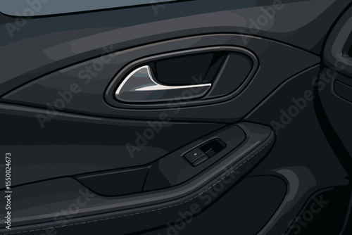 Modern car door handle and interior close up, sleek black design, silver handle, luxury auto interior detail, vector illustration for automotive, vehicle, transport, template, mockup concept