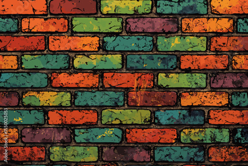 Grunge Urban Brick Wall Vector Seamless Background. Colorful Distressed Texture, Old Painted Bricks, Graffiti Art Style, Vintage Urban Pattern, Retro Street Art, Multicolored Wall Design