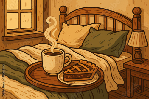 Warm Rustic Bedroom Morning with Steaming Coffee Mug and Slice of Pie on Wooden Tray, Cozy Bed with Pillows, Vintage Home Interior, Relaxing Hygge Atmosphere, Vector Cartoon Illustration