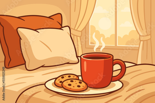 Cozy morning bedroom scene with steaming red coffee mug and plate of cookies on bed, soft pillows, sunlit window, relaxing home atmosphere, cartoon vector illustration, warm comforting vibes