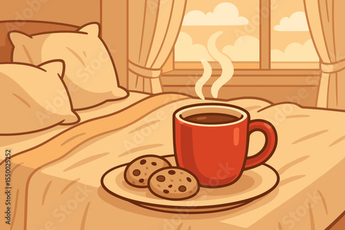 Cozy morning in bedroom with steaming red coffee mug and chocolate chip cookies on plate, pillows and blanket, warm sunlight through window, relaxing breakfast in bed vector cartoon illustration