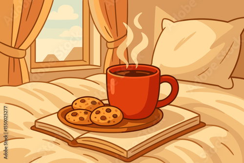 Cozy morning in bedroom with steaming red coffee mug, chocolate chip cookies on plate, open book, soft bed, comfy pillows, sunlit window and curtains, relaxing hygge lifestyle vector illustration