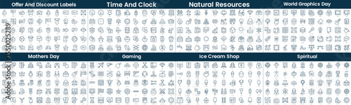 Linear Style Icons Pack. In this bundle include offer and discount labels, time and clock, natural resources, world graphics day, mothers day, gaming, ice cream shop, spiritual