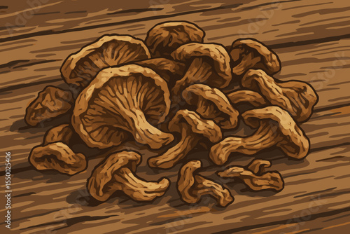 Dried wild mushrooms on rustic wooden background. Edible fungi with wrinkled texture, earthy tones, vintage food illustration. Organic vegan ingredient, gourmet kitchen, forest harvest vector art