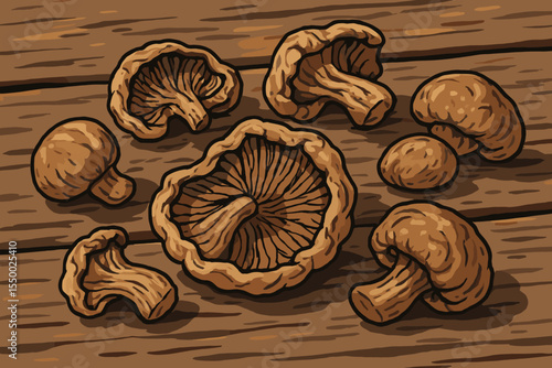 Dried mushrooms on a rustic wooden table background. Vector cartoon illustration of dehydrated edible fungi. Healthy organic food ingredient for cooking, gourmet culinary concept.