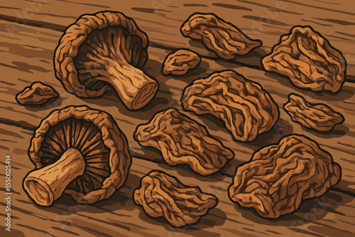 Dried mushrooms illustration on a rustic wooden table. Dehydrated shiitake or porcini fungi for cooking. Concept for healthy organic food, culinary ingredient. Cartoon vector graphic.