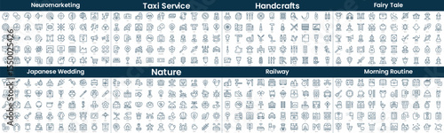 Linear Style Icons Pack. In this bundle include neuromarketing, taxi service, handcrafts, fairy tale, japanese wedding, nature, railway, morning routine
