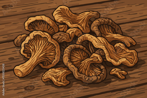 Dried wild mushrooms illustration. Dehydrated chanterelles in a pile on a rustic wooden surface. Vector art for culinary concepts, cooking, gourmet food, and healthy eating.