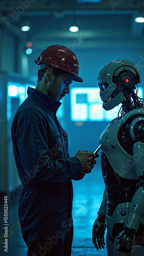 Male Engineer Monitors Robot on Tablet in Dimly Lit Factory

