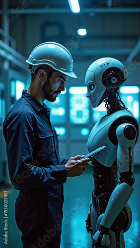 Industrial Innovation After Dark: Engineer and Robotic Arm

