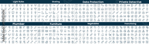 Linear Style Icons Pack. In this bundle include light bulbs, skating, data protection, private detective, plumber, furniture, vegetables, franchising