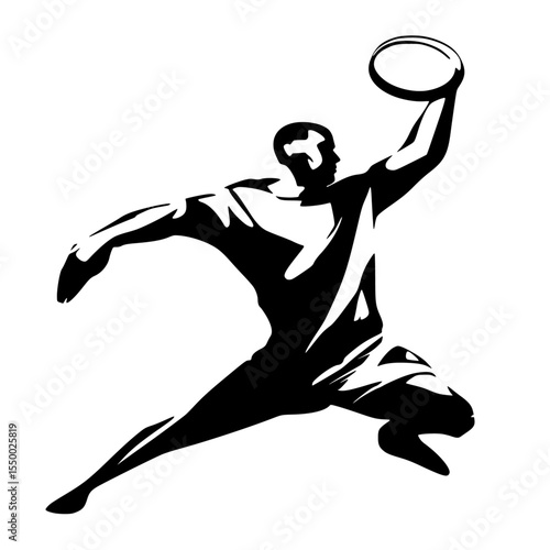 a black and white silhouette of a basketball player catching a frisbee ball, basketball player, black, catch, frisbee, kick, man, silhouette , Generative art.