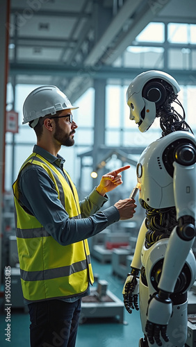 Engineer Discusses Project with Humanoid Robot in Smart Factory