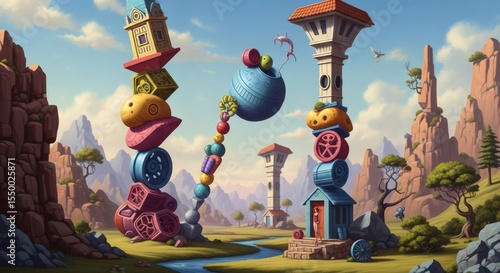 Whimsical landscape with stacked shapes towers in vibrant colours and detailed environment,