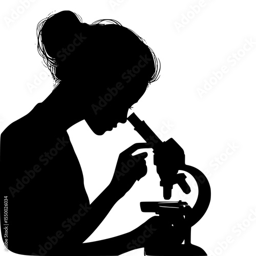 black silhouette of a woman looking through a microscope black, girl, look, microscope, silhouette, woman , Generative art.