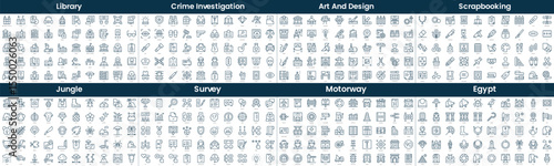 Linear Style Icons Pack. In this bundle include library, crime investigation, art and design, scrapbooking, jungle, survey, motorway, egypt