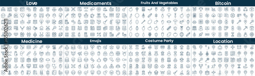 Linear Style Icons Pack. In this bundle include love, medicaments, fruits and vegetables, bitcoin, emojis, medicine, costume party, location