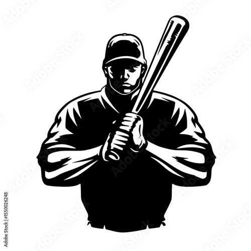 a black and white silhouette of a baseball player holding a baseball bat baseball, baseball bat, baseball player, bat, black, hold, illustration, retro, silhouette , Generative art.