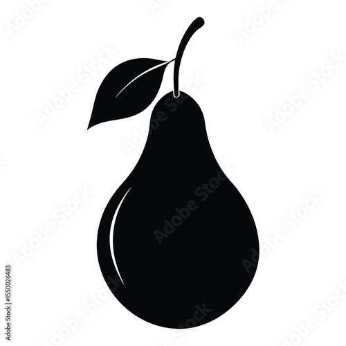 Simple black and white illustration of a ripe pear fruit with a leaf on a white background.