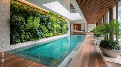 Wallpaper Mural indoor pool with living green wall, tropical plants, wooden deck, natural calm light Torontodigital.ca