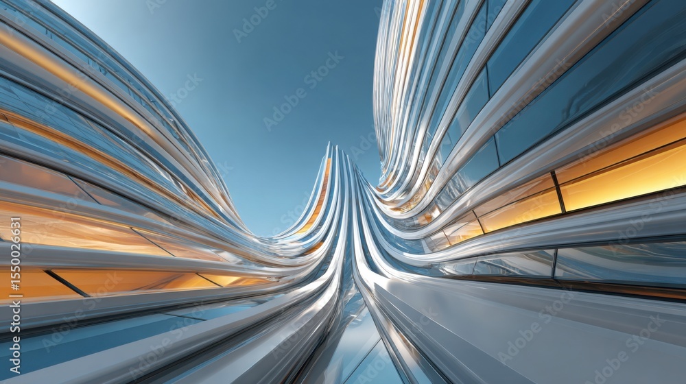 Obraz premium This striking architectural design showcases flowing metallic elements that curve and twist toward the sky, reflecting sunlight and creating an eye-catching visual.