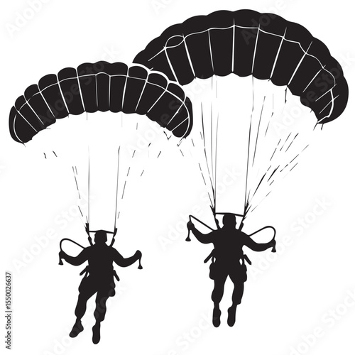 Two silhouetted skydivers descending against a white background with open parachutes