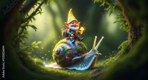 Enchanting forest journey a whimsical gnome rides a magical snail through the vibrant greenery