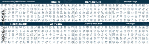 Linear Style Icons Pack. In this bundle include international day of persons with disabilities, broker, horticulture, barber shop, needlework, activism, diversity inclusion, geology