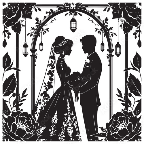 Elegant black silhouette of a bride and groom under a floral archway with lanterns