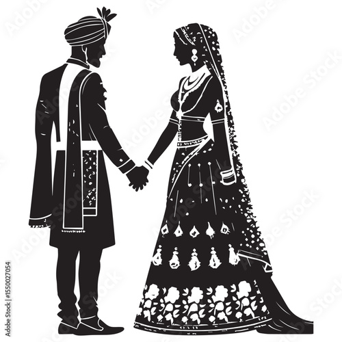 Silhouette of indian bride and groom holding hands in traditional wedding attire