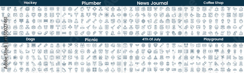 Linear Style Icons Pack. In this bundle include hockey, plumber, news journal, coffee shop, dogs, picnic, 4th of july, playground