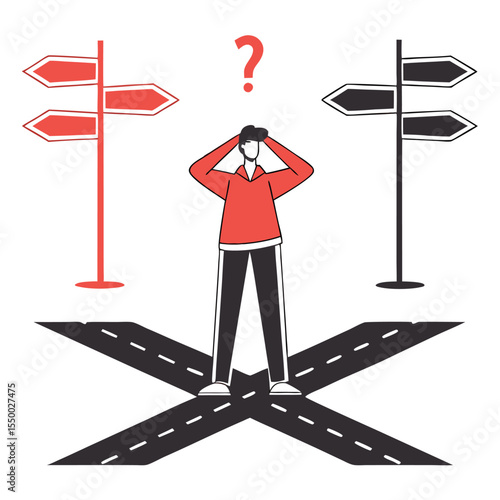 Puzzled person faces choices at road intersection with directional signs indicating opposite directions