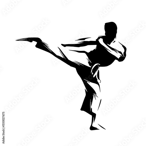 a black and white silhouette of a man kicking a leg in a dance art, black, dance, kick, leg, man, martial, silhouette, woman , Generative art.