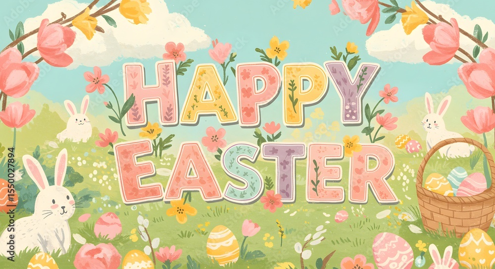 Fototapeta premium Happy Easter Spring Floral Illustration with Bunnies and Eggs