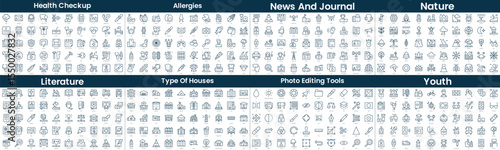 Linear Style Icons Pack. In this bundle include health checkup, allergies, news and journal, nature, literature, type of houses, photo editing tools, youth