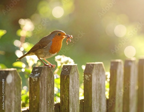A European robin perches on a rustic wooden fence, holding a worm in its beak, bathed in the golden glow of early morning sunlight.