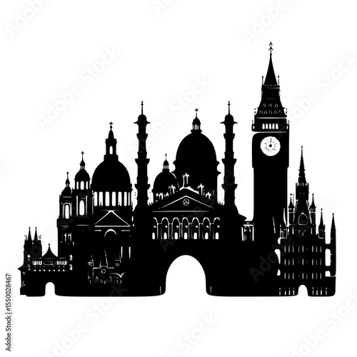 a black and white silhouette of big ben black, building, clock tower, silhouette , Generative art.