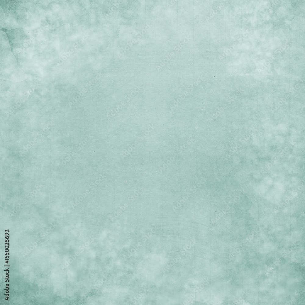 Obraz premium Soft mint green textured background with cloudy vignette effect and subtle vintage tones, ideal for invitations, posters, scrapbooking, photo backdrops, and creative design projects.