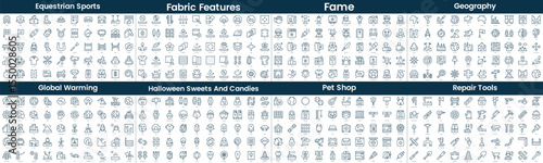Linear Style Icons Pack. In this bundle include equestrian sports, fabric features, fame, geography, global warming, halloween sweets and candies, pet shop, repair tools