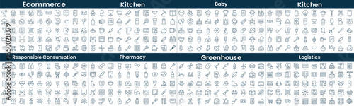 Linear Style Icons Pack. In this bundle include ecommerce, kitchen, baby, kitchen, responsible consumption, pharmacy, greenhouse, logistics