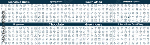Linear Style Icons Pack. In this bundle include economic crisis, spring sales, south africa, extreme sports, happiness, chocolate, greenhouse, international day of yoga