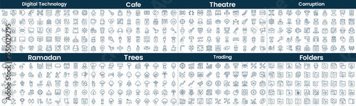 Linear Style Icons Pack. In this bundle include digital technology, cafe, theatre, corruption, ramadan, trees, trading, folders