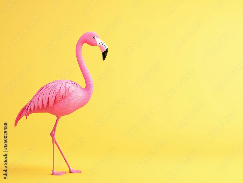 Fototapeta premium Pink flamingo on yellow background